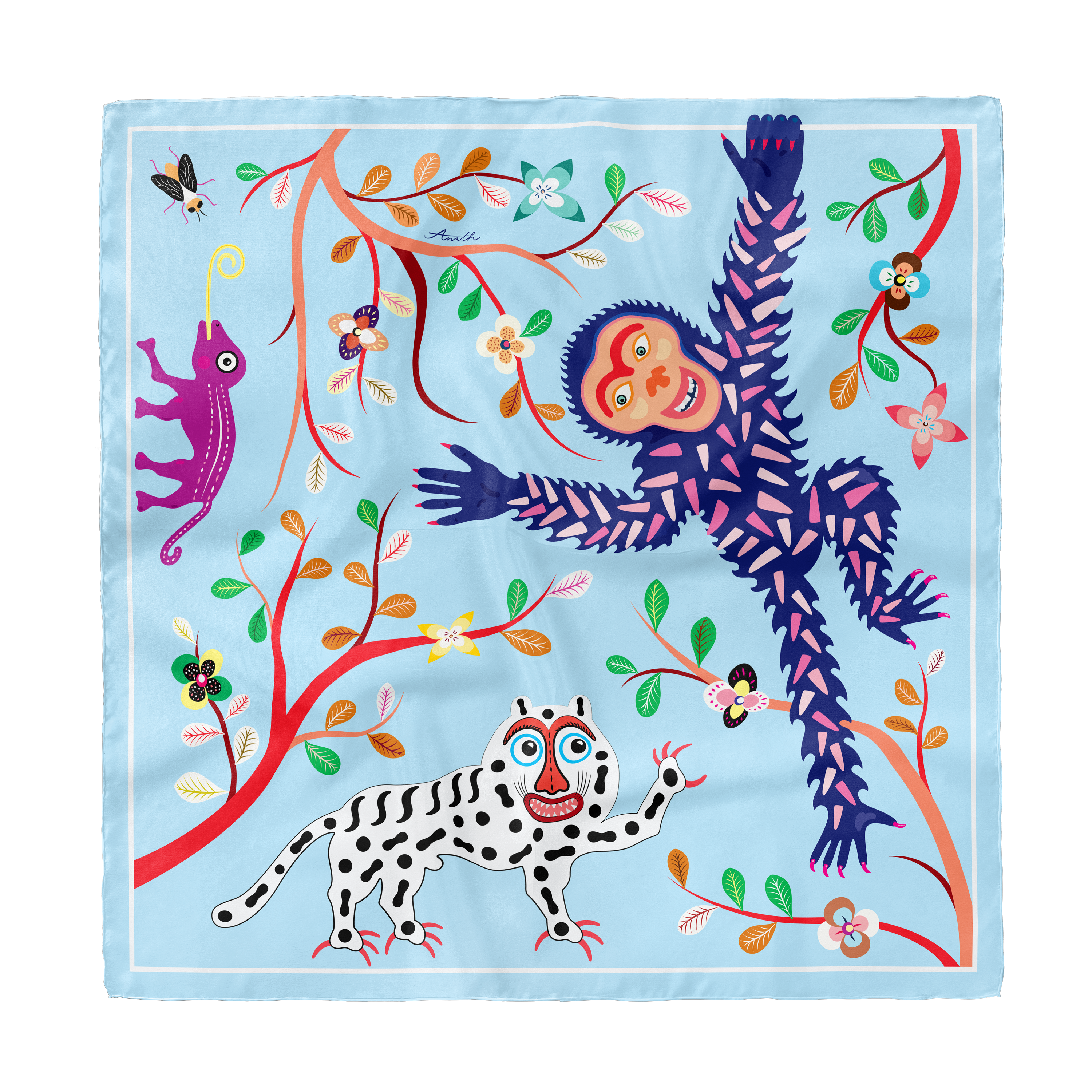 Abomey Maya silk scarf with hand-painted animal and botanical motifs in sky blue, pink, green and black on 100% silk satin.