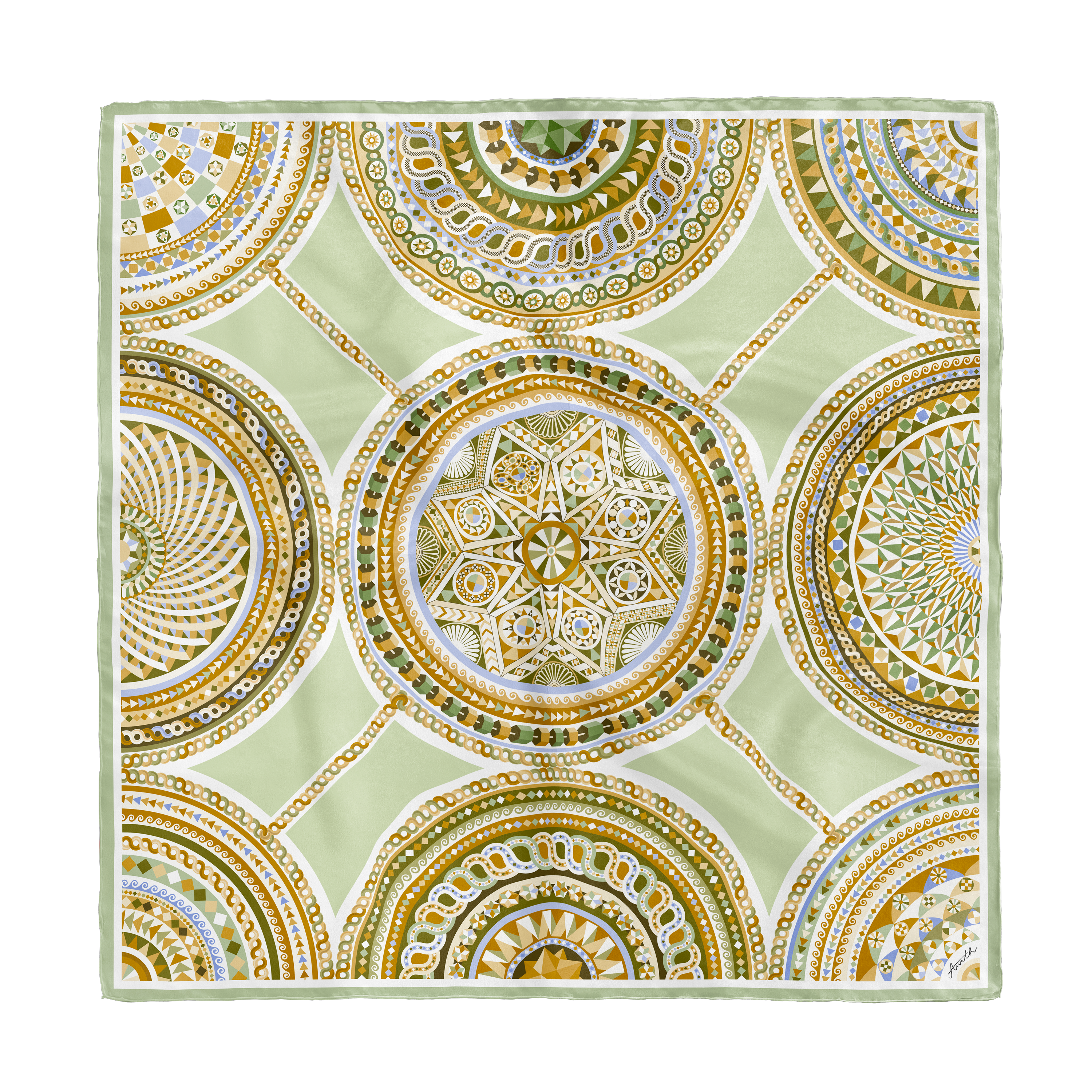 Basilica Giada silk scarf with hand-painted geometric and architectural motifs in jade green, gold and ivory on 100% silk twill.