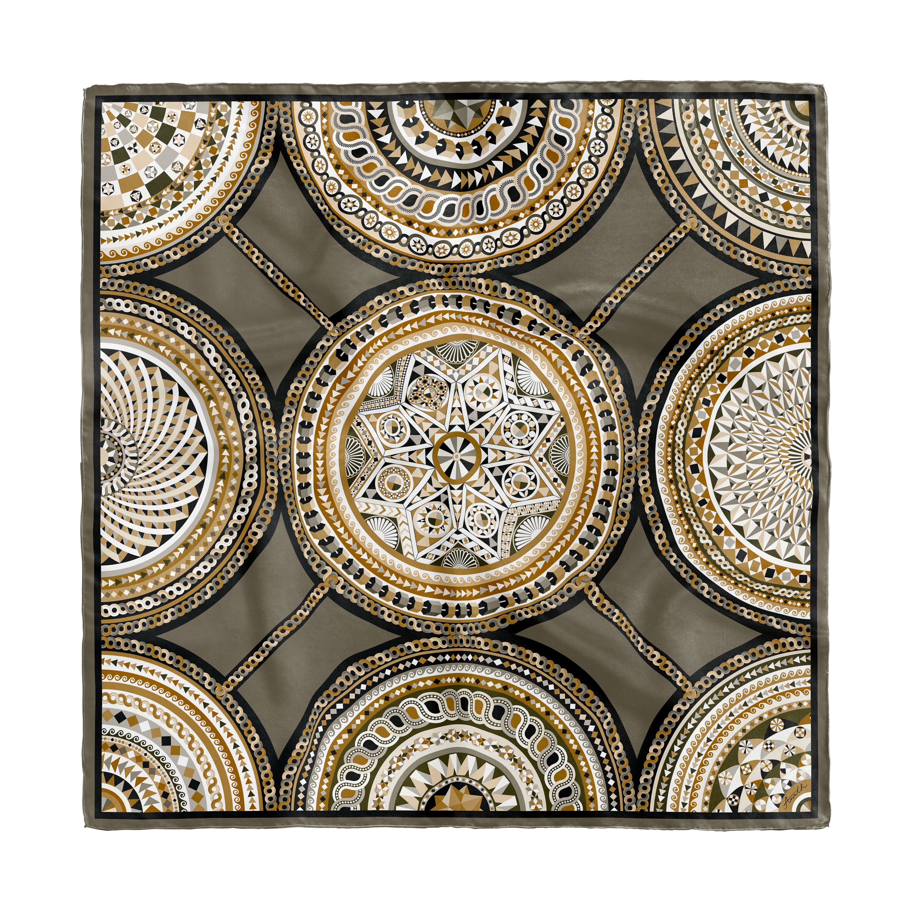 Basilica Nero silk scarf with hand-painted geometric and architectural motifs in black, gold and ivory on 100% silk twill.