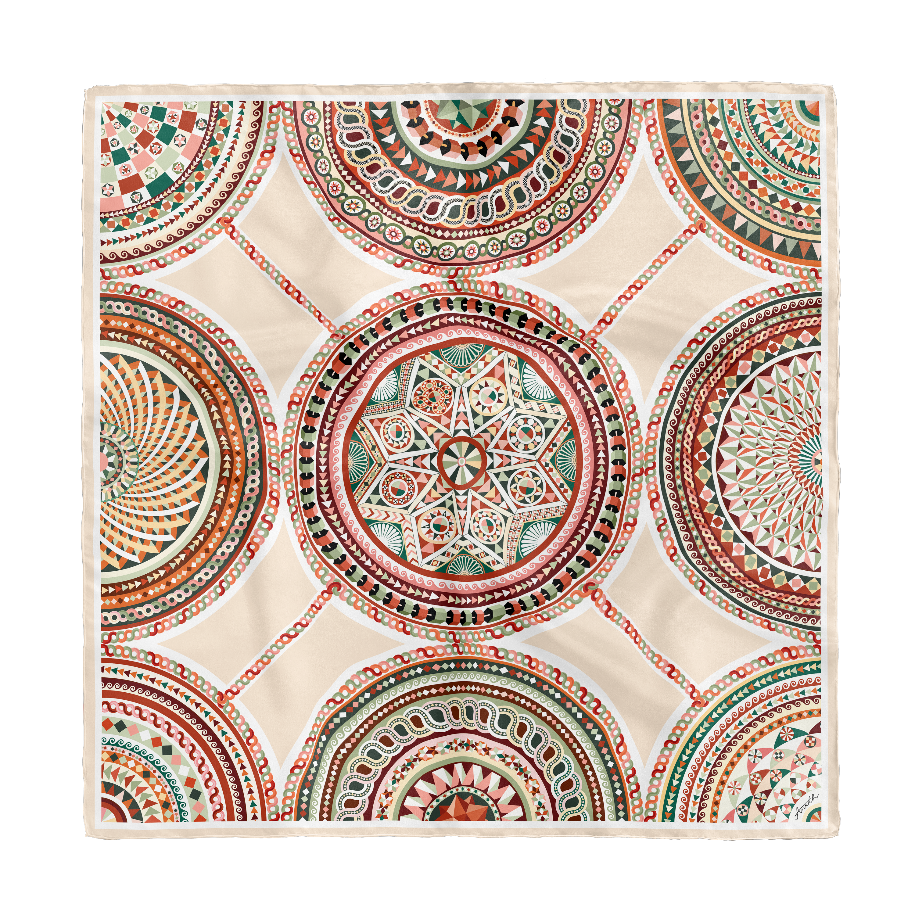 Basilica Rena silk scarf with hand-painted geometric and architectural motifs in terracotta, sage green and ivory on 100% silk twill.