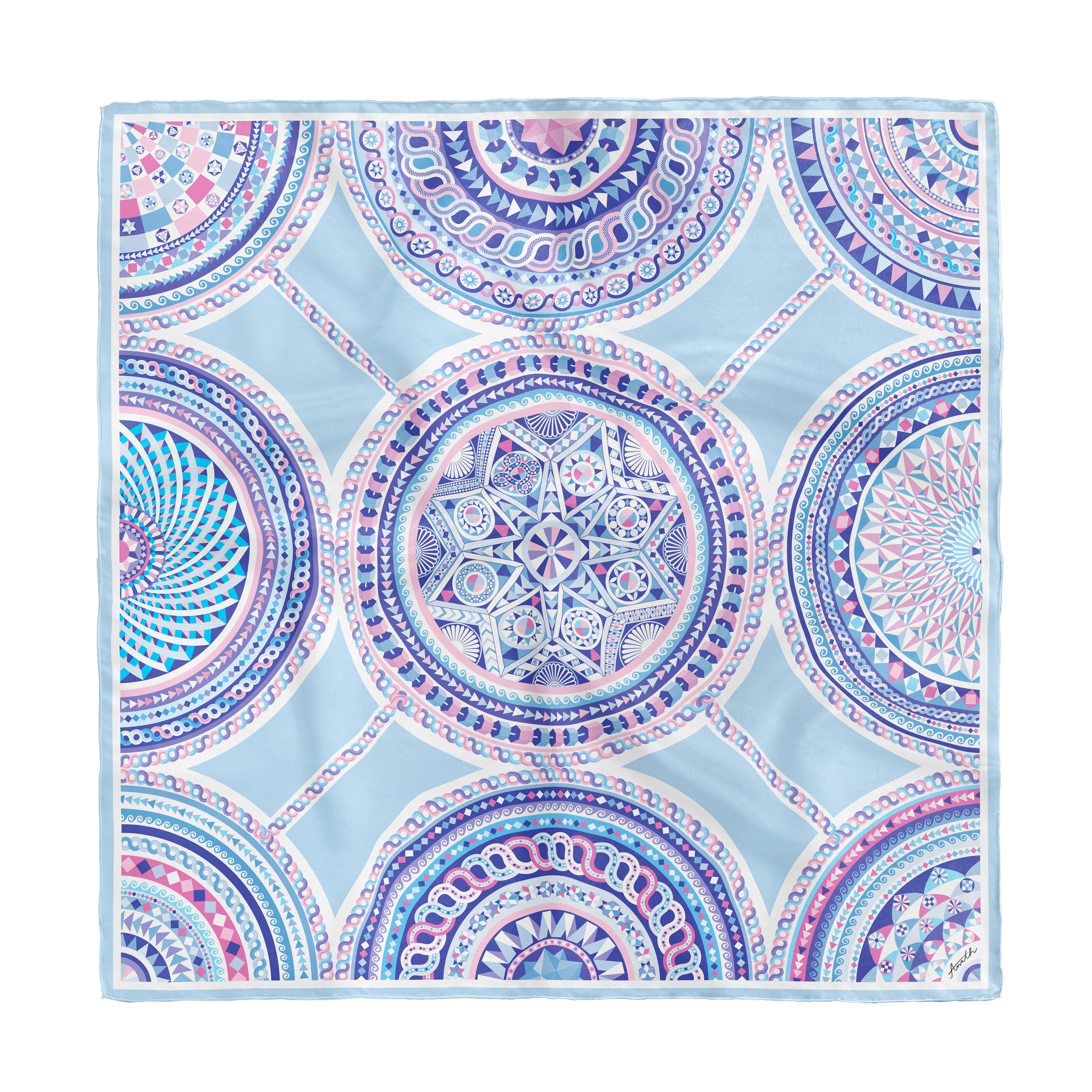 Basilica Zaffiro silk scarf with hand-painted geometric and architectural motifs in cobalt blue, lavender and soft pink on 100% silk twill.