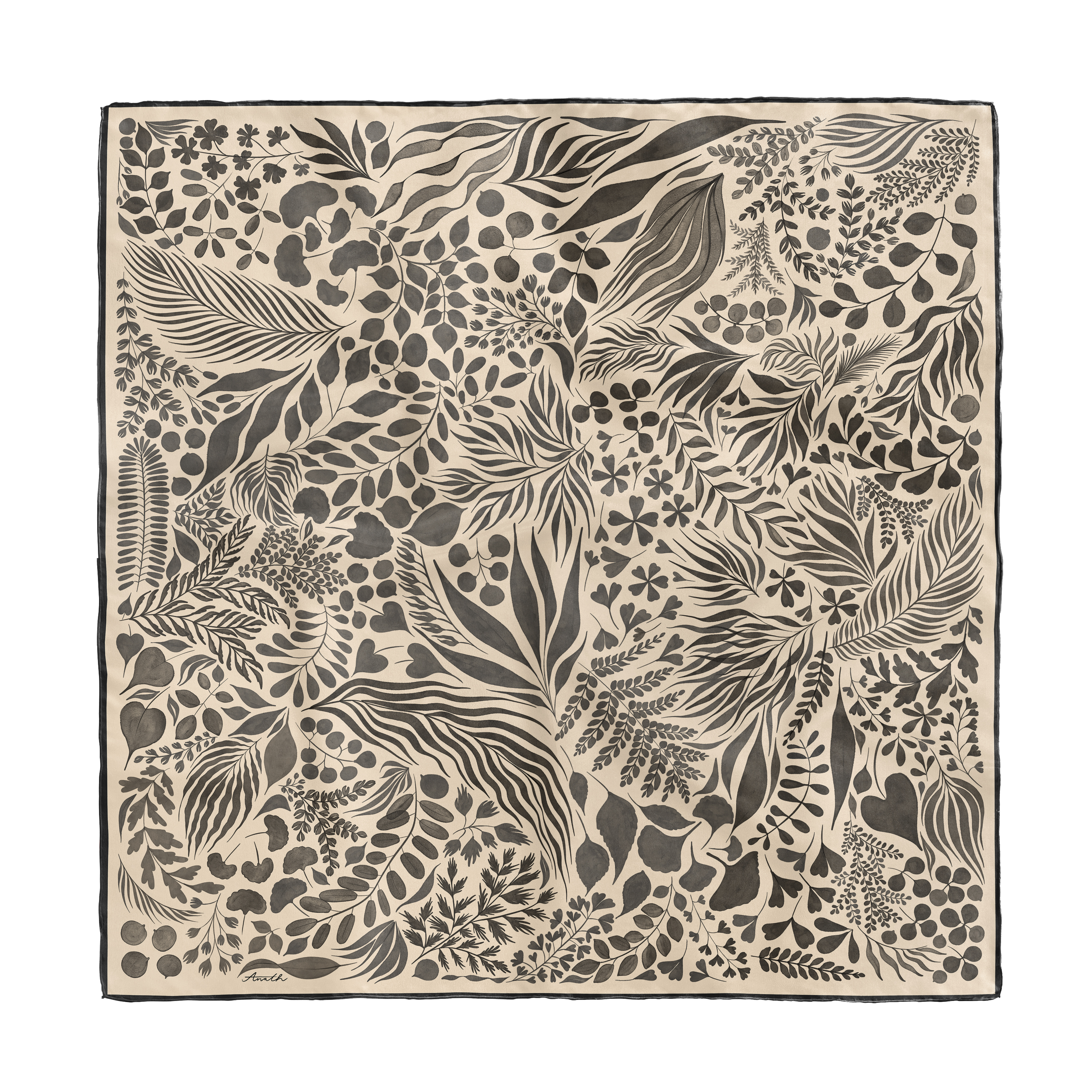 Foglie Crema silk scarf with hand-painted botanical leaf motifs in ivory and black on 100% silk satin.