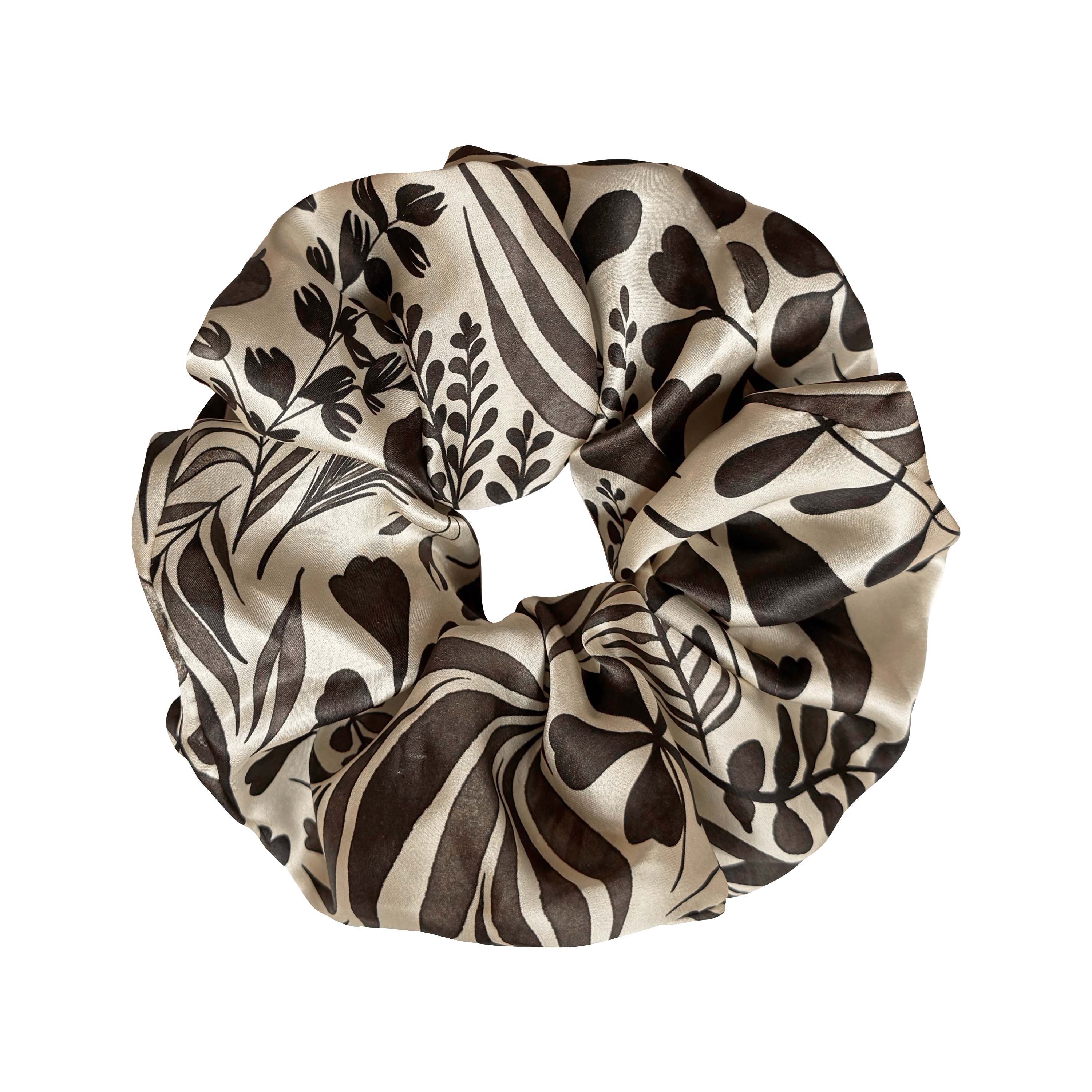 Foglie Crema giant silk scrunchie with botanical leaf motif in ivory and black on 100% silk satin.