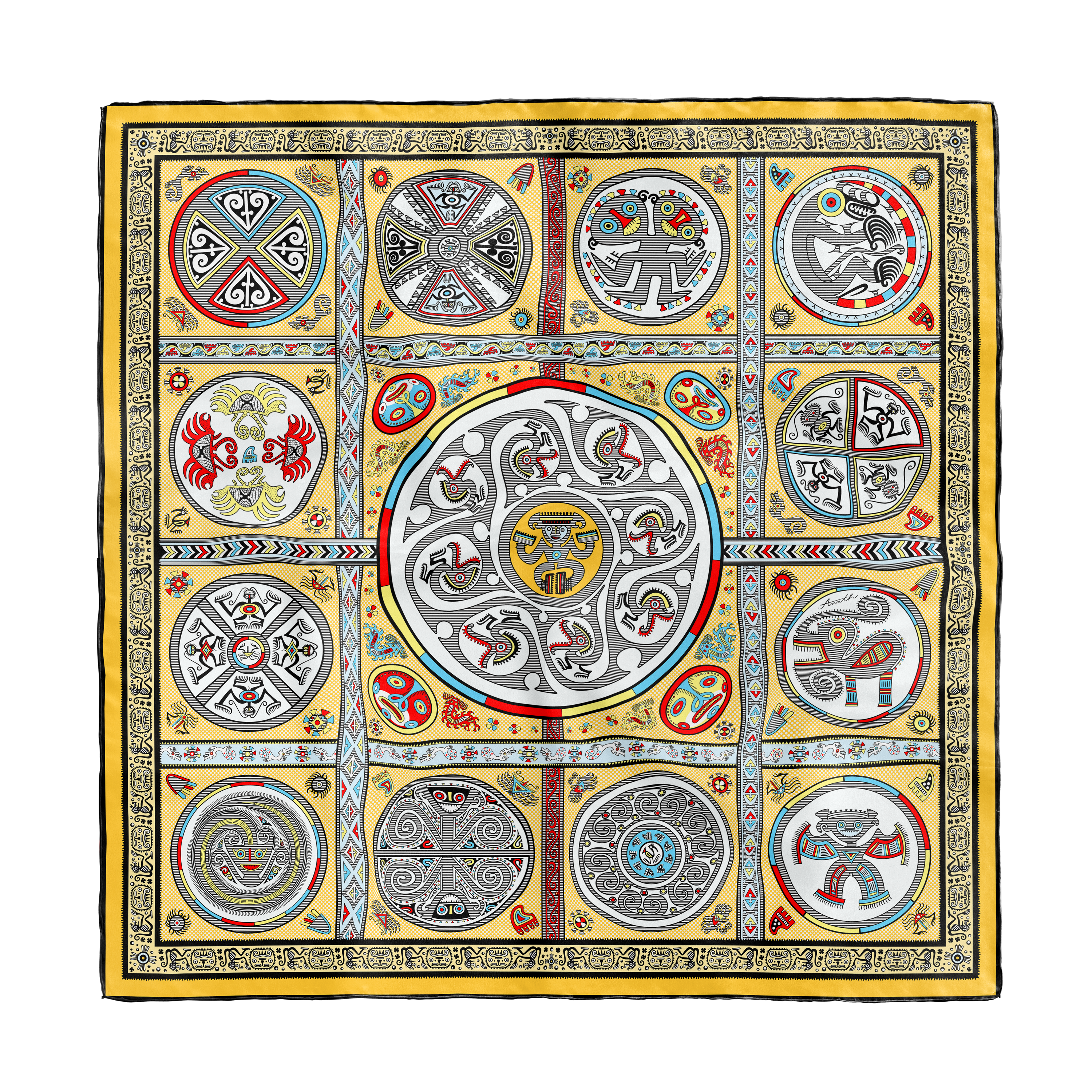 Gran Coclé Royal silk scarf with hand-painted geometric and ritual-inspired motifs in royal blue, gold, ivory and coral on 100% silk twill.