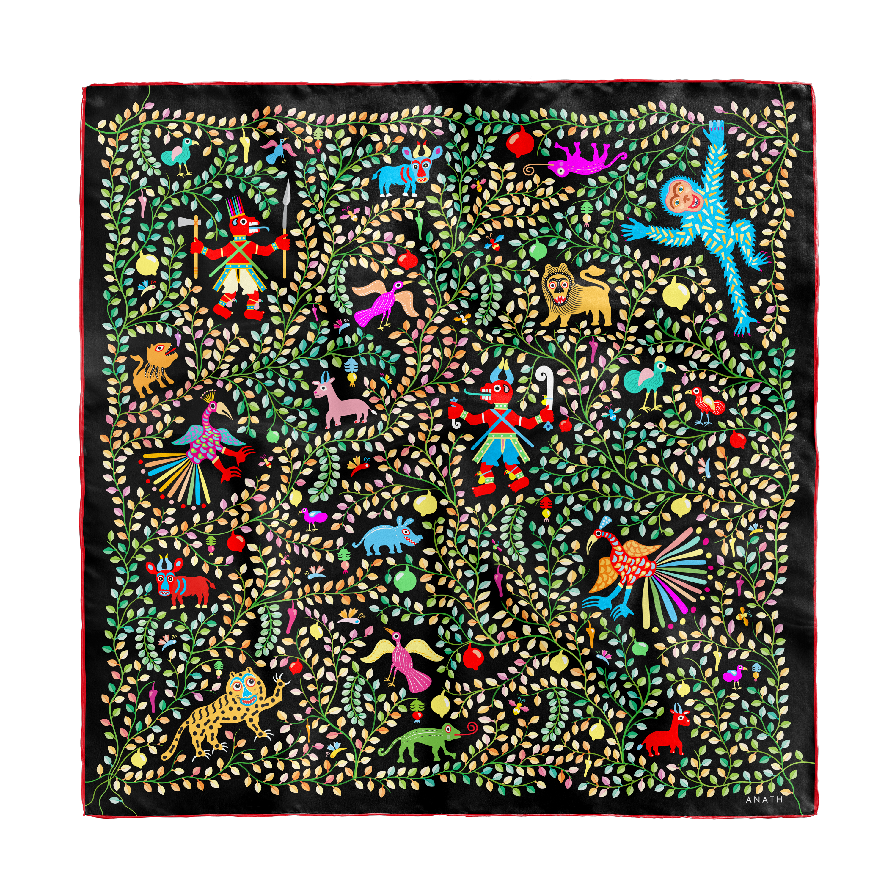 Kings of Dahomey Original silk scarf with hand-painted animal and ornamental motifs in black, green, pink, blue and gold on 100% silk satin.