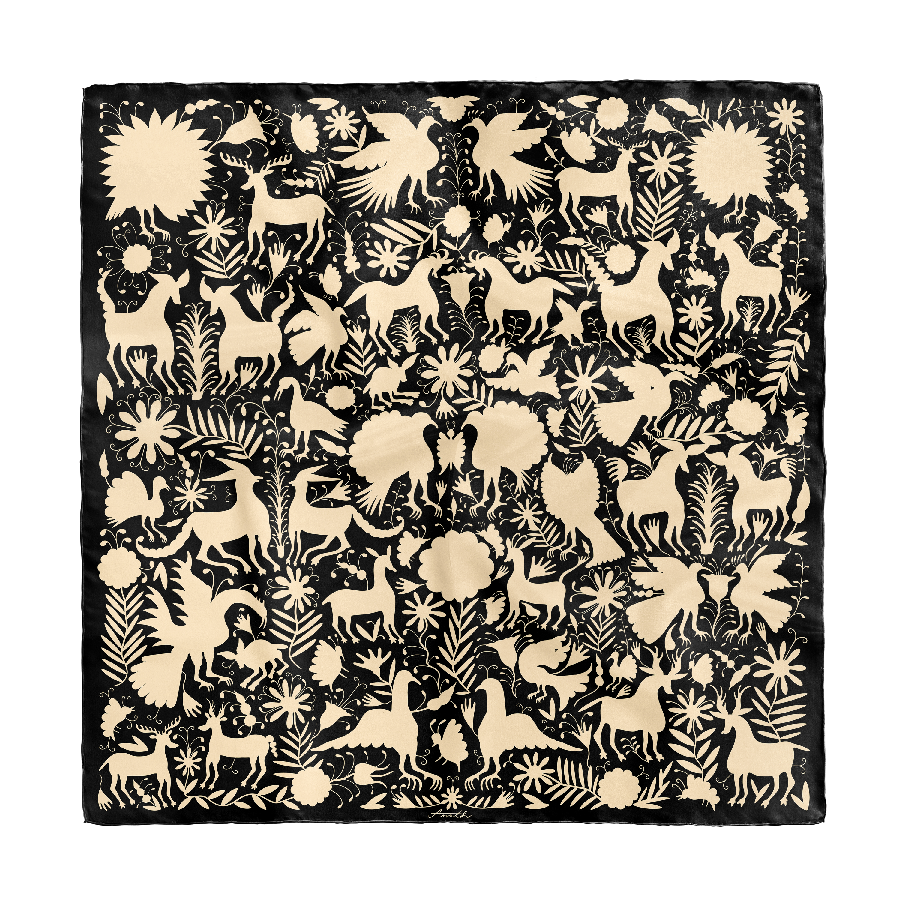 Noé Gold silk scarf with hand-painted animal and botanical motifs in gold and black on 100% silk satin.