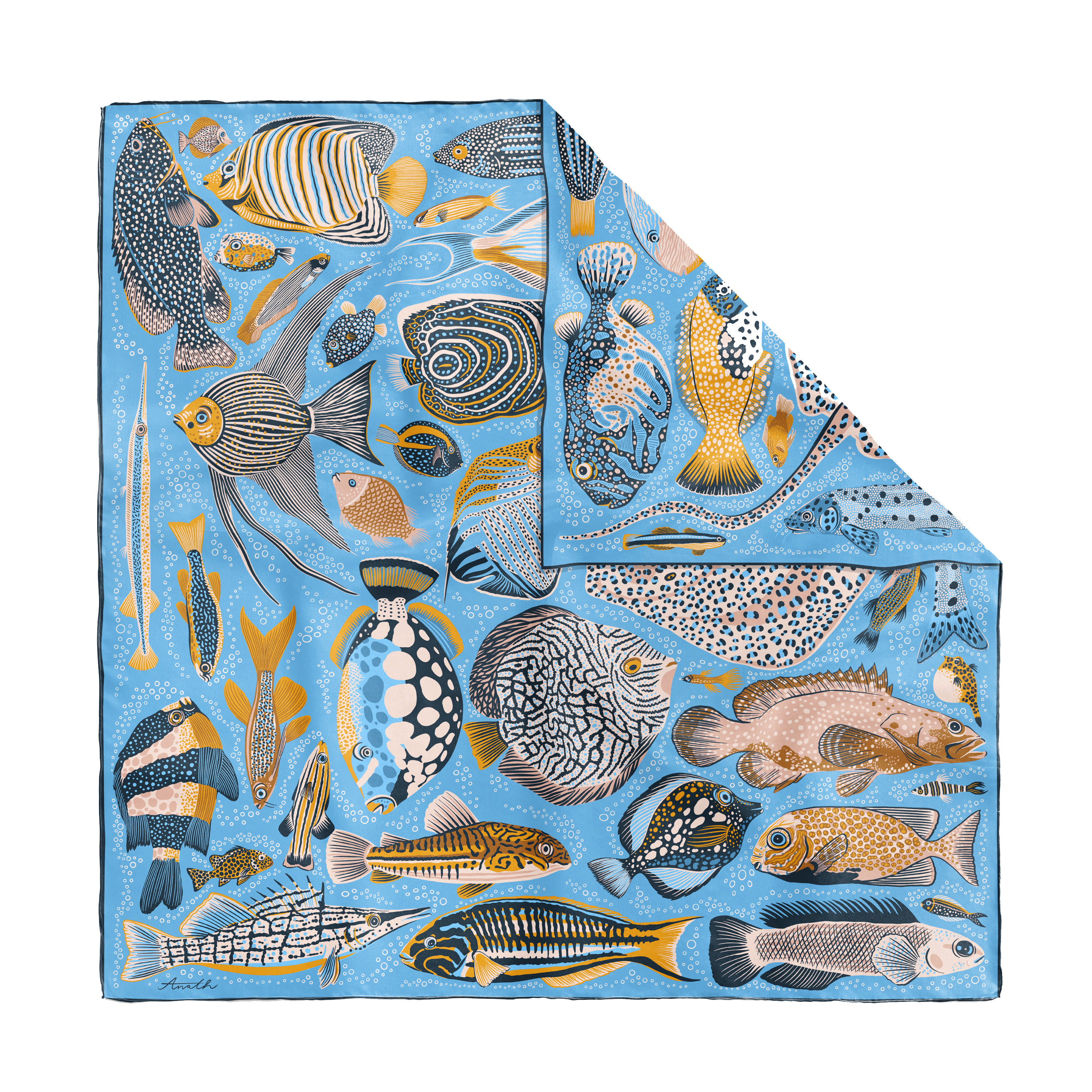 Pesce Iris double-sided silk scarf with hand-painted fish illustrations in cobalt blue and warm gold on 100% silk twill.
