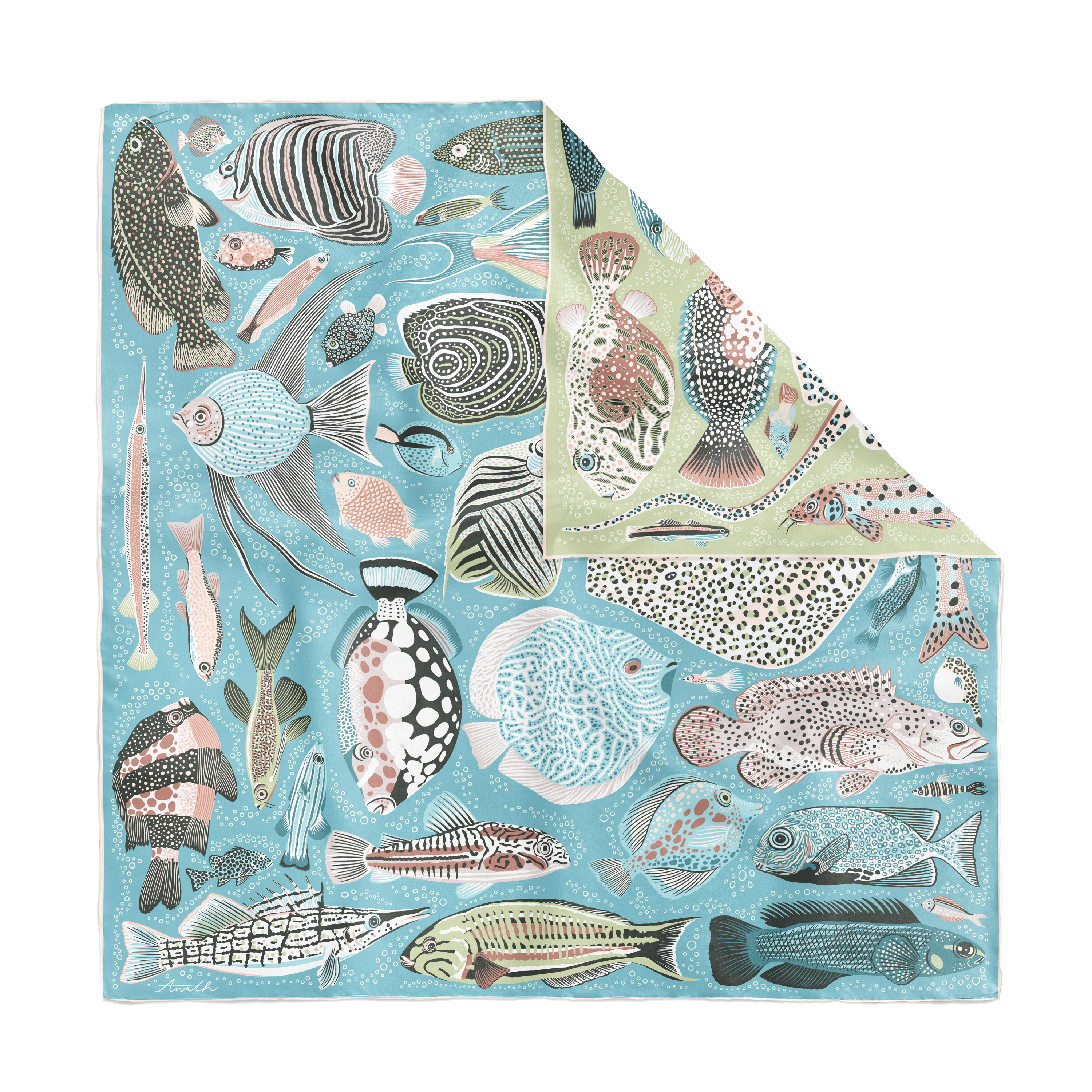 Pesce Acqua double-sided silk scarf with hand-painted fish illustrations in aqua blue on one side and soft green on the reverse, 100% silk twill.