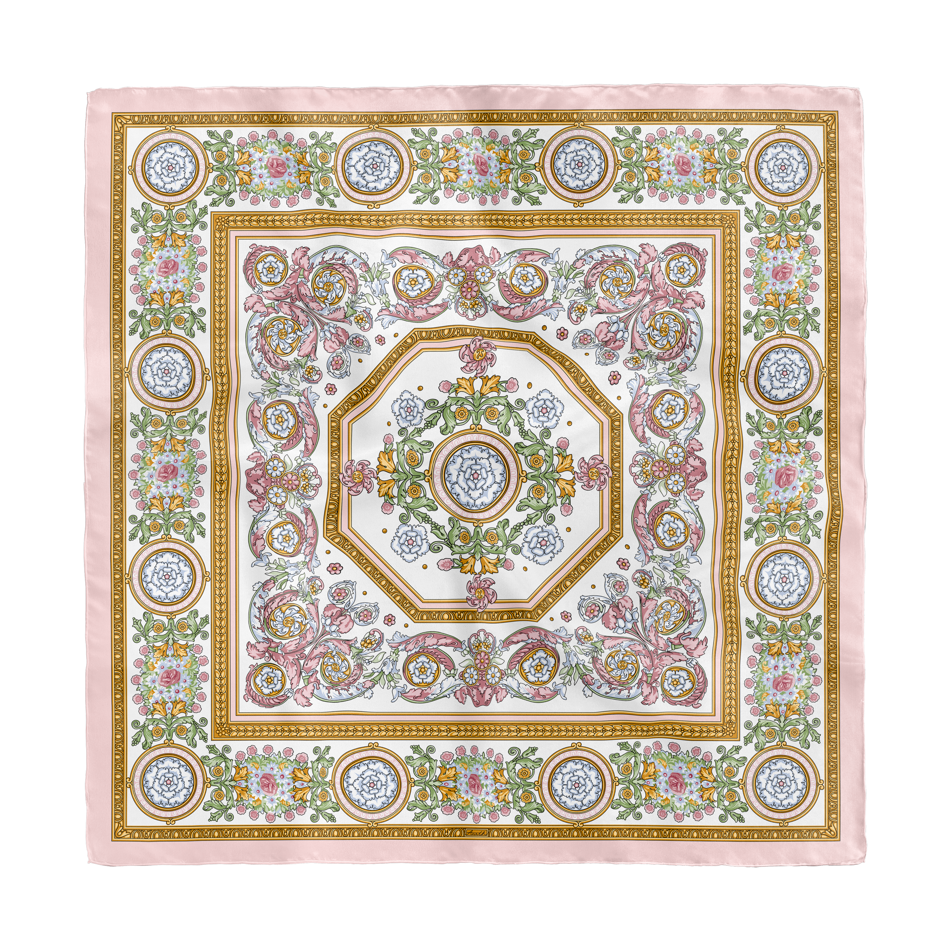 Rococo Rosa silk scarf with hand-painted floral and rococo motifs in soft pink, sage green, gold and ivory on 100% silk twill.