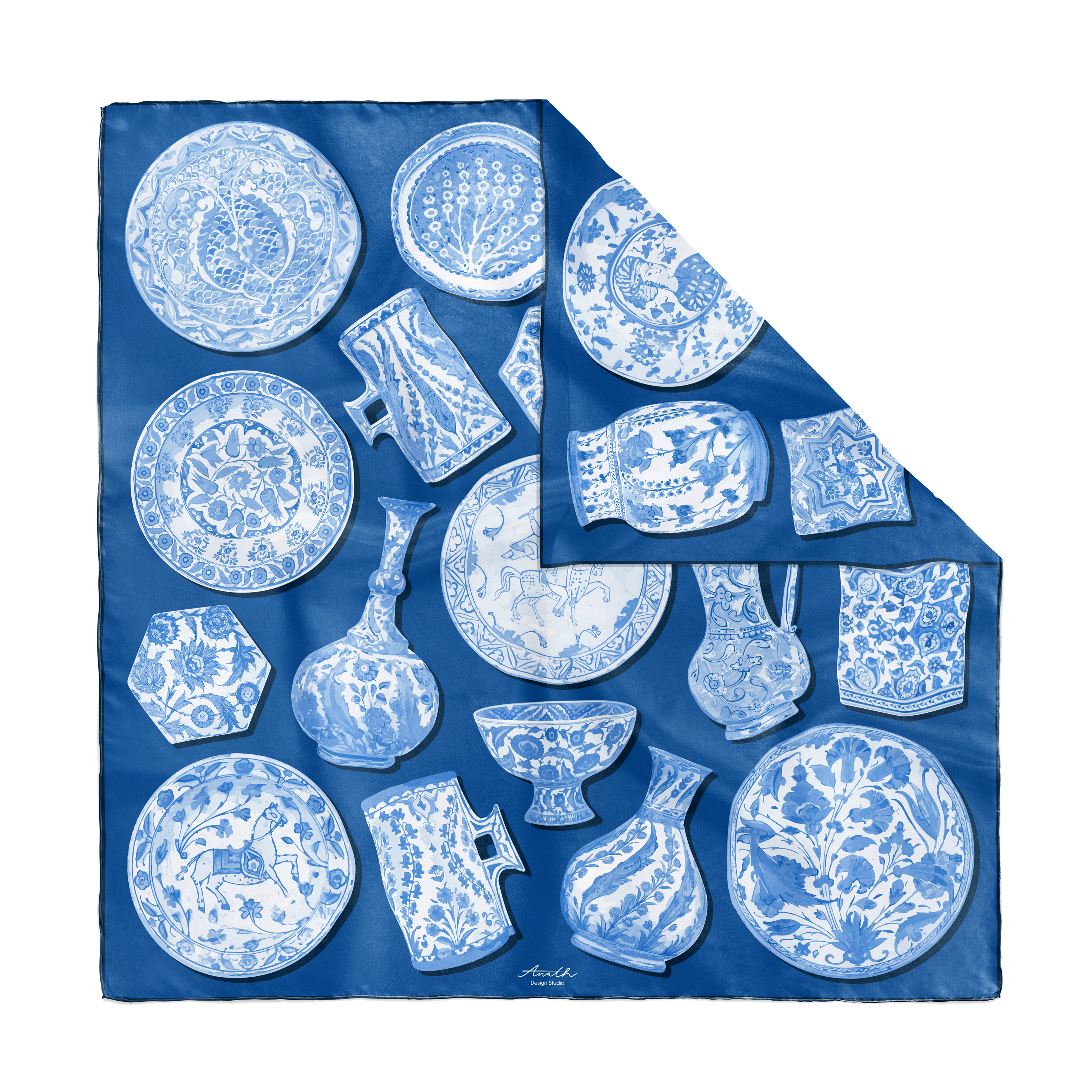 Iznik Marian double-sided silk scarf with hand-painted Iznik ceramic motifs in cobalt blue and white on 100% silk twill.