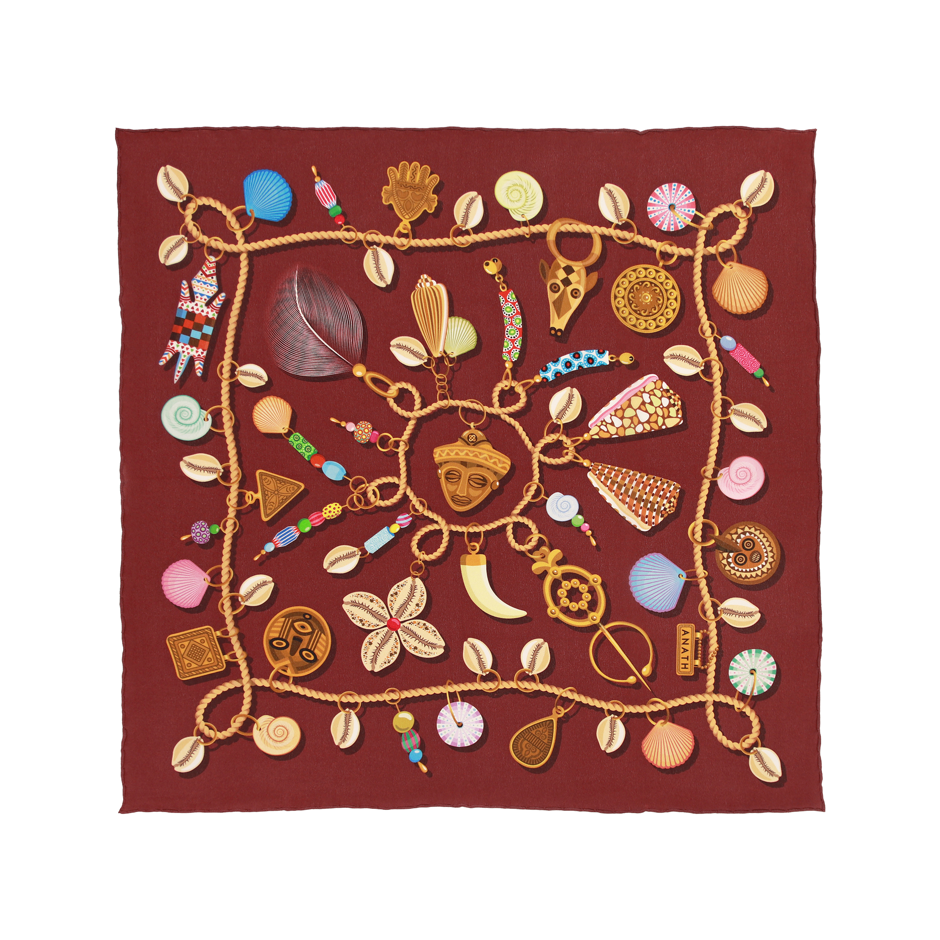 Kauri Rubis silk bandana scarf with hand-painted cowrie shell, chain and spiral motifs in burgundy, gold and turquoise on 100% silk crêpe de chine.