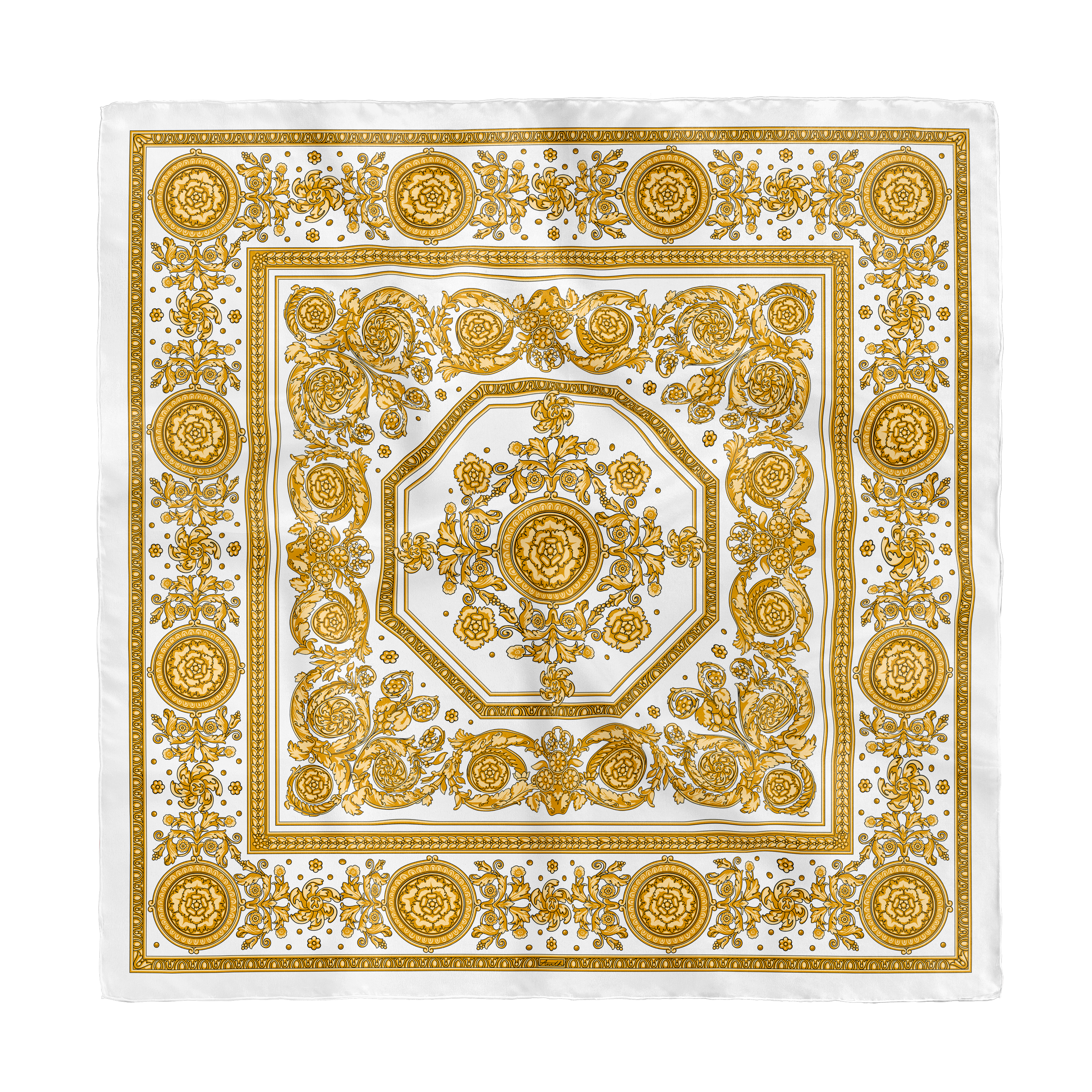 Rococo Natural silk scarf with hand-painted ornamental rococo motifs in gold and ivory on 100% silk twill.