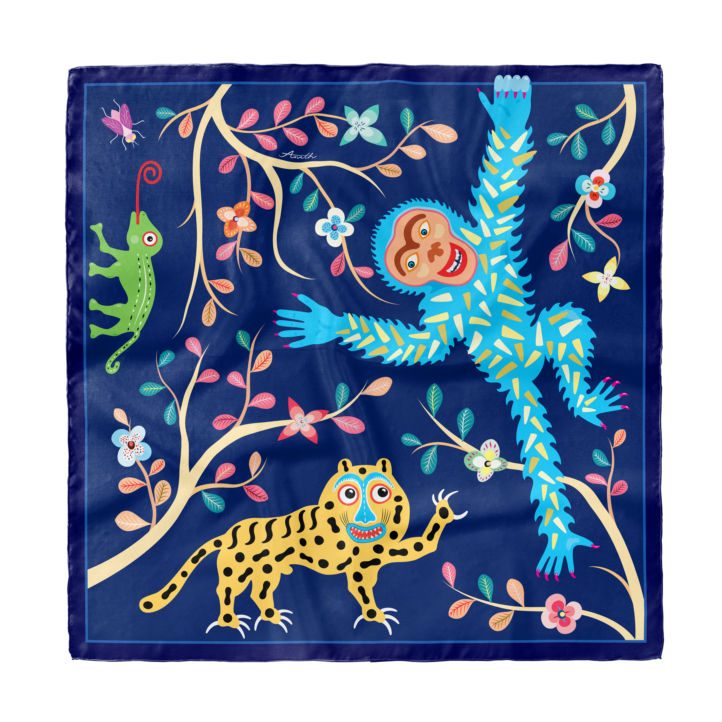 Abomey Indigo silk scarf with hand-painted animal and botanical motifs in deep indigo blue, turquoise, green, pink and gold on 100% silk satin.