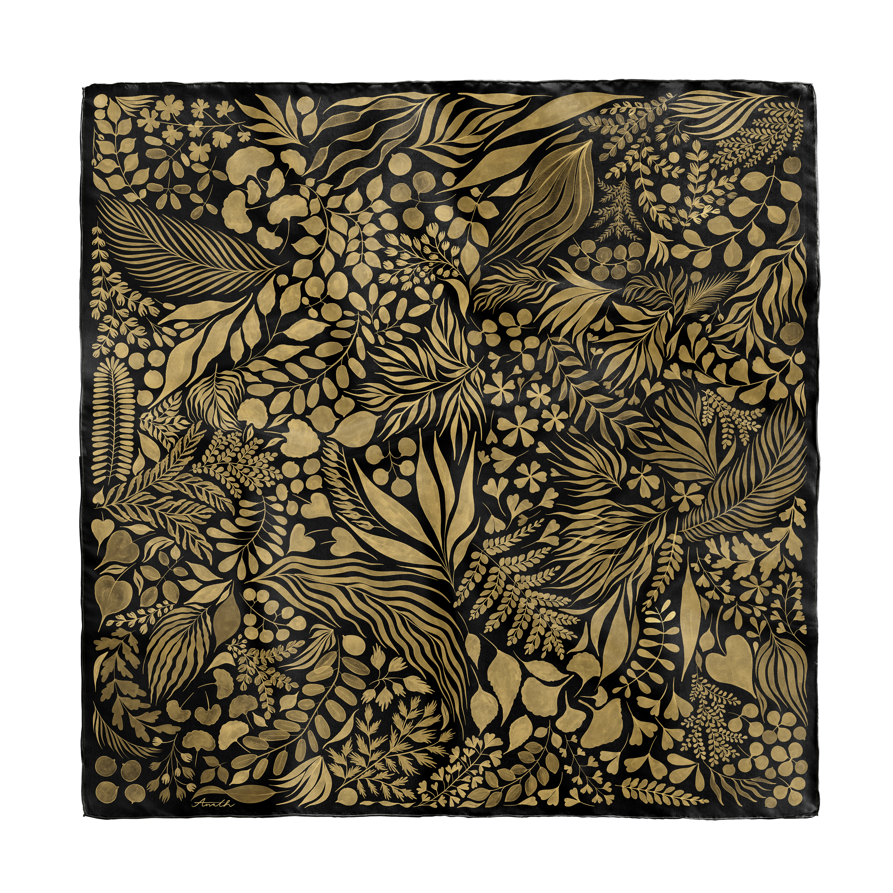 Foglie d'Oro silk scarf with hand-painted botanical leaf motifs in gold and black on 100% silk satin.