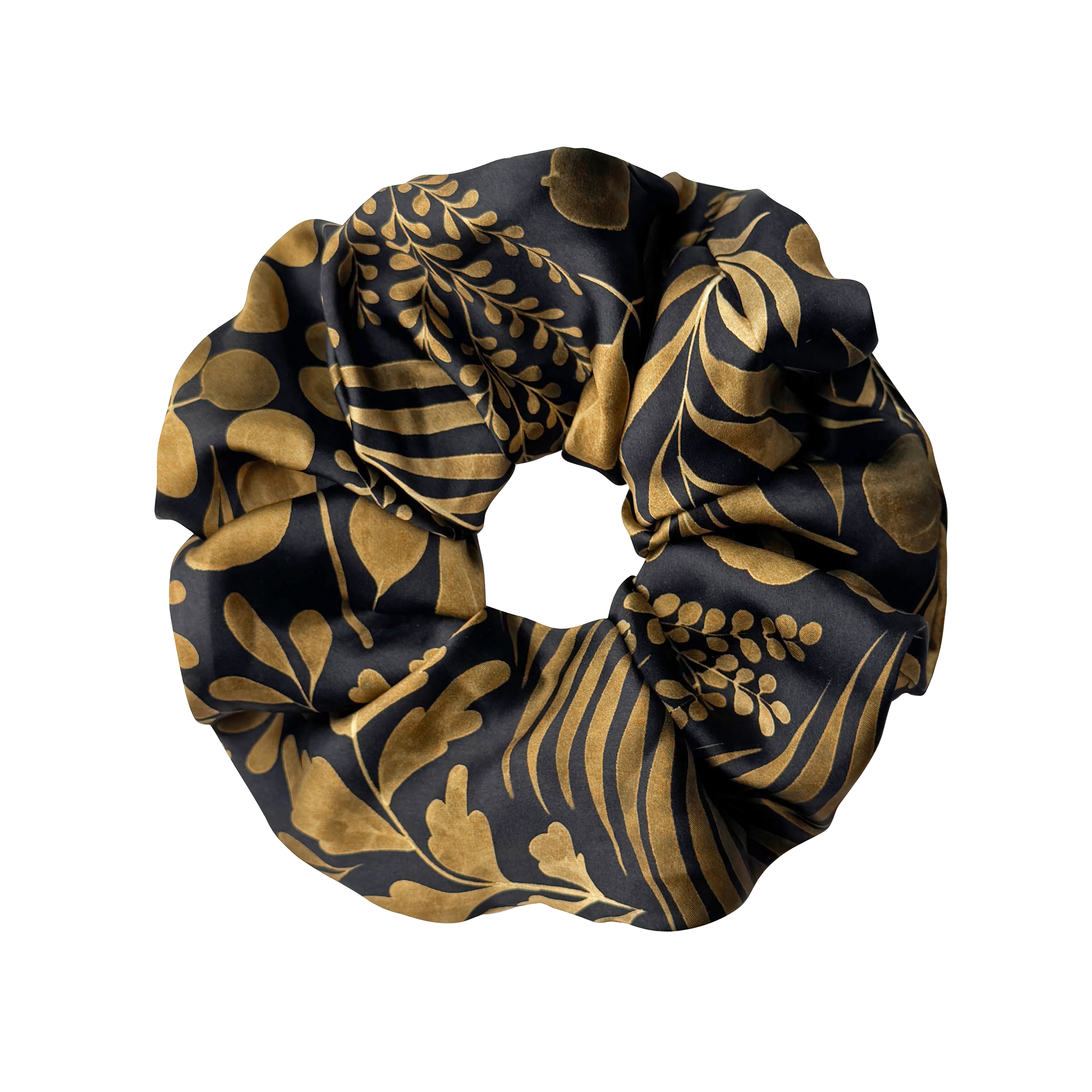 Foglie d'Oro giant silk scrunchie with botanical leaf motif in gold and black on 100% silk satin.