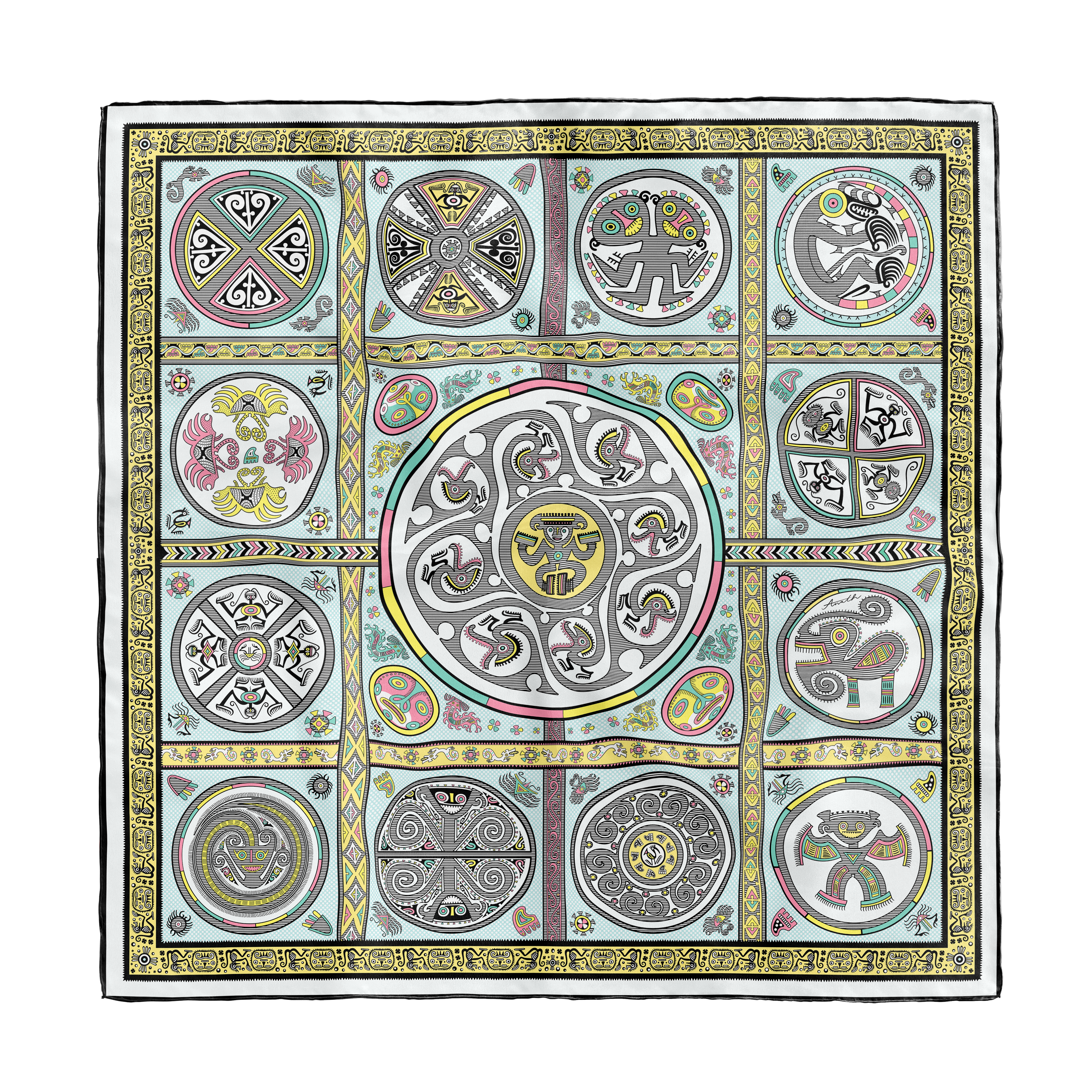 Gran Coclé Opal silk scarf with hand-painted geometric and ritual-inspired motifs in opal blue, olive green, yellow and black on 100% silk twill.