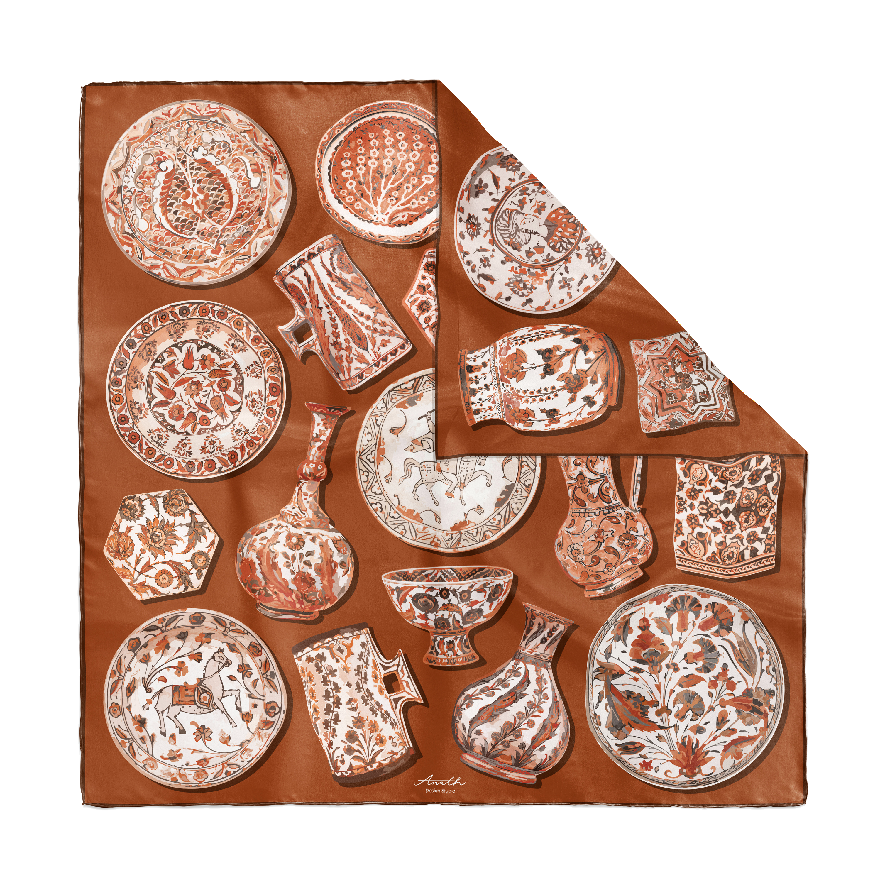 Iznik Chamoise double-sided silk scarf with hand-painted Iznik ceramic motifs in warm terracotta on 100% silk twill.