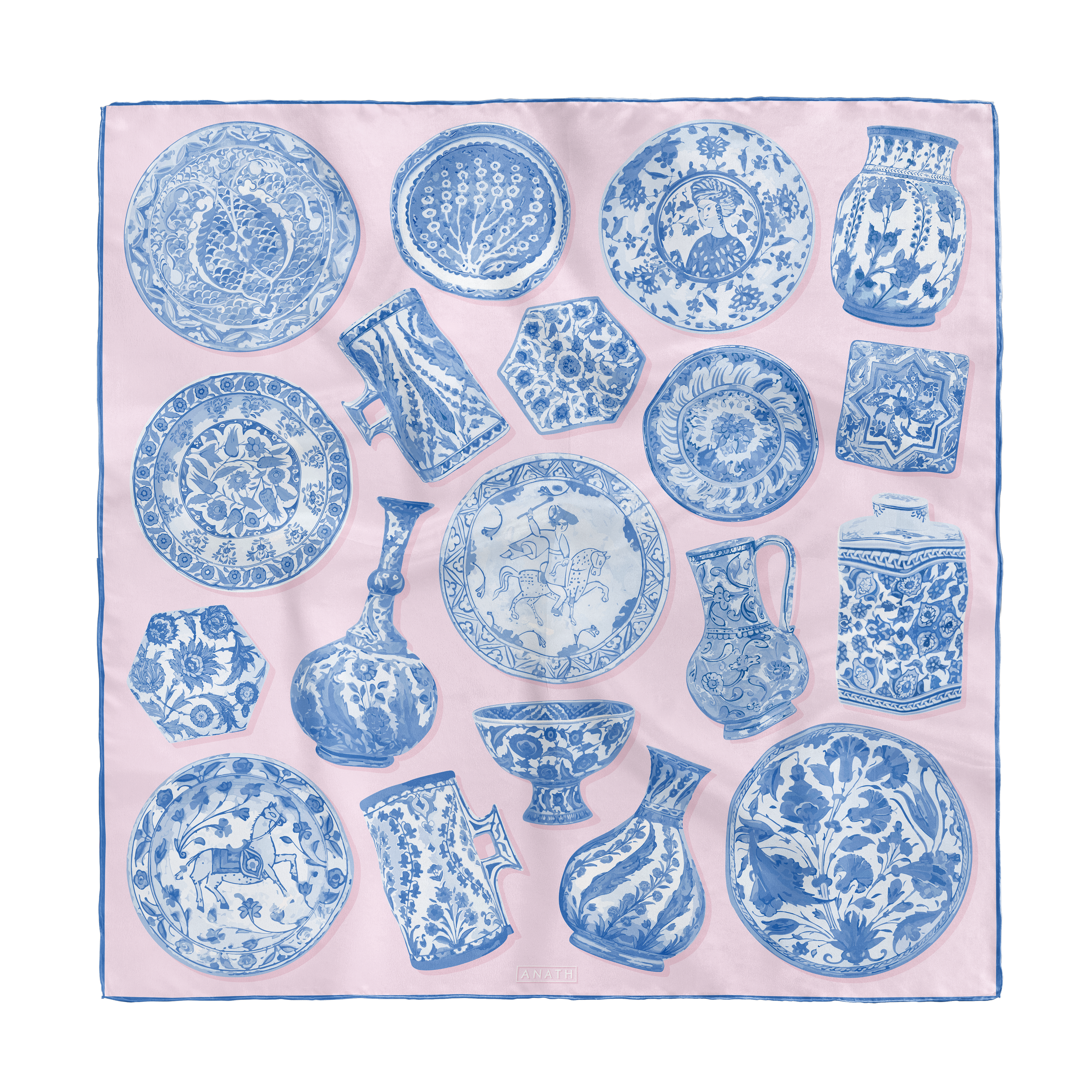 Iznik Rosé silk scarf with hand-painted Iznik ceramic motifs in soft pink and cobalt blue on 100% silk twill.