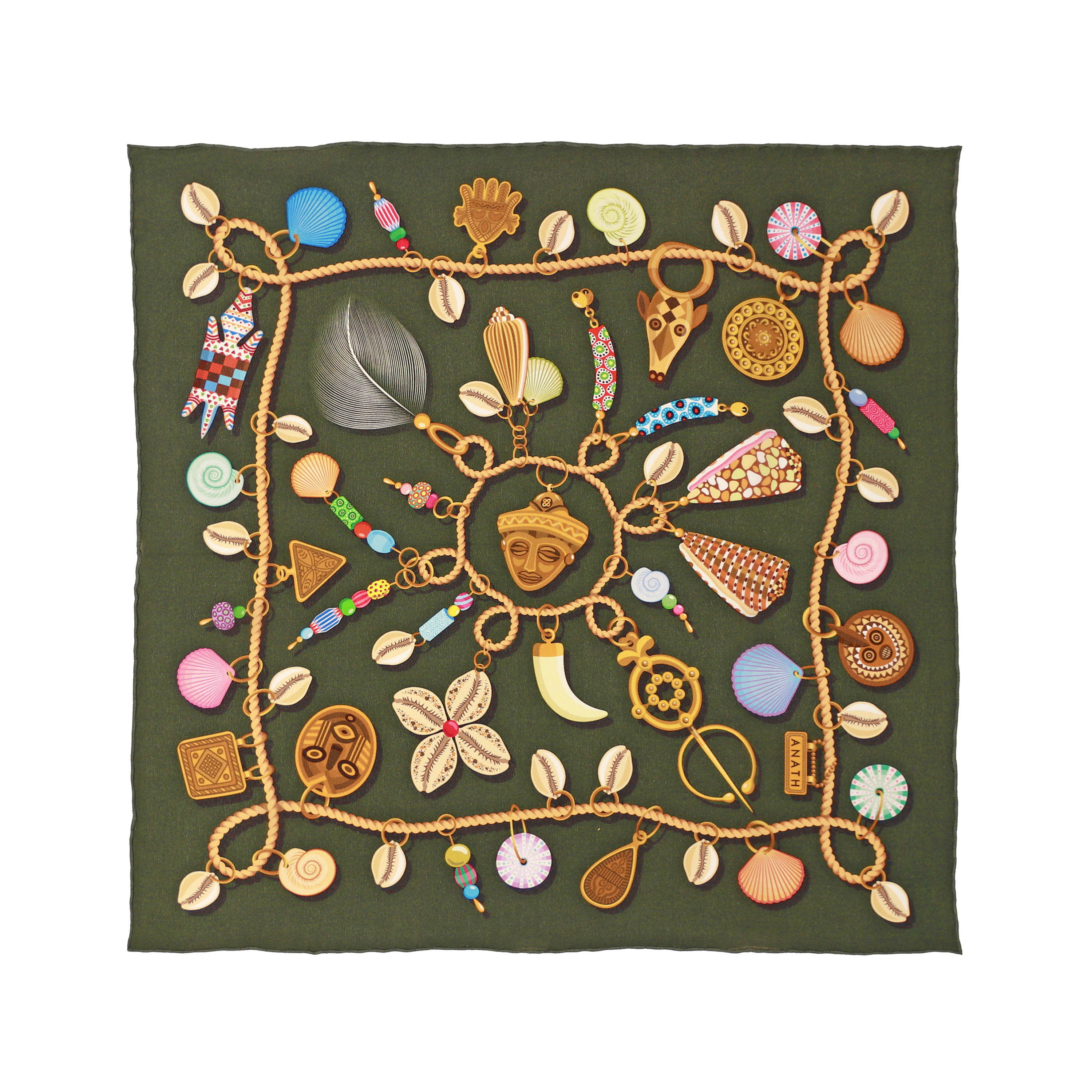 Kauri Delphine silk bandana scarf with hand-painted cowrie shell and chain motifs in deep olive green, gold and pink on 100% silk crêpe de chine.