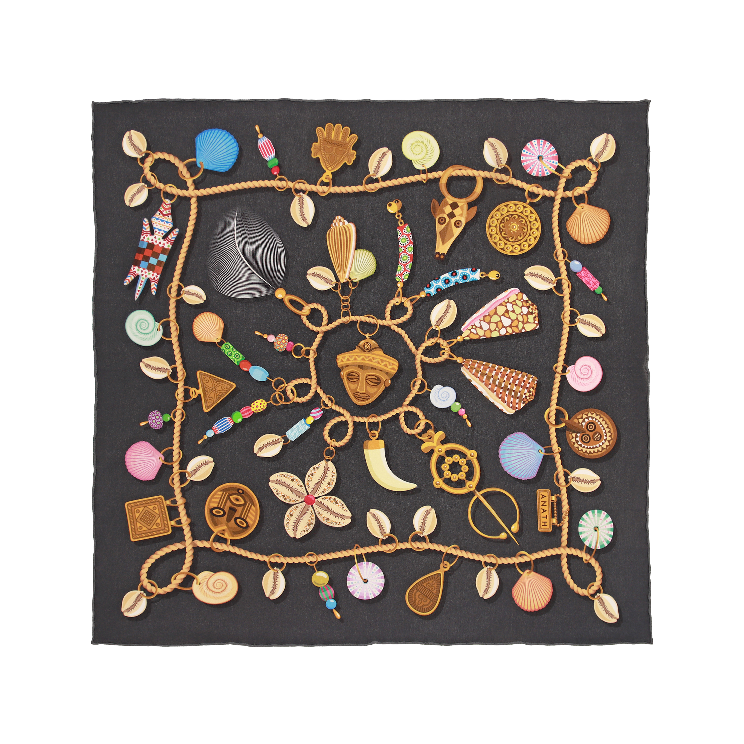 Kauri Chloe silk bandana scarf with hand-painted cowrie shell, chain and gemstone motifs in black, gold, turquoise and coral on 100% silk crêpe de chine.