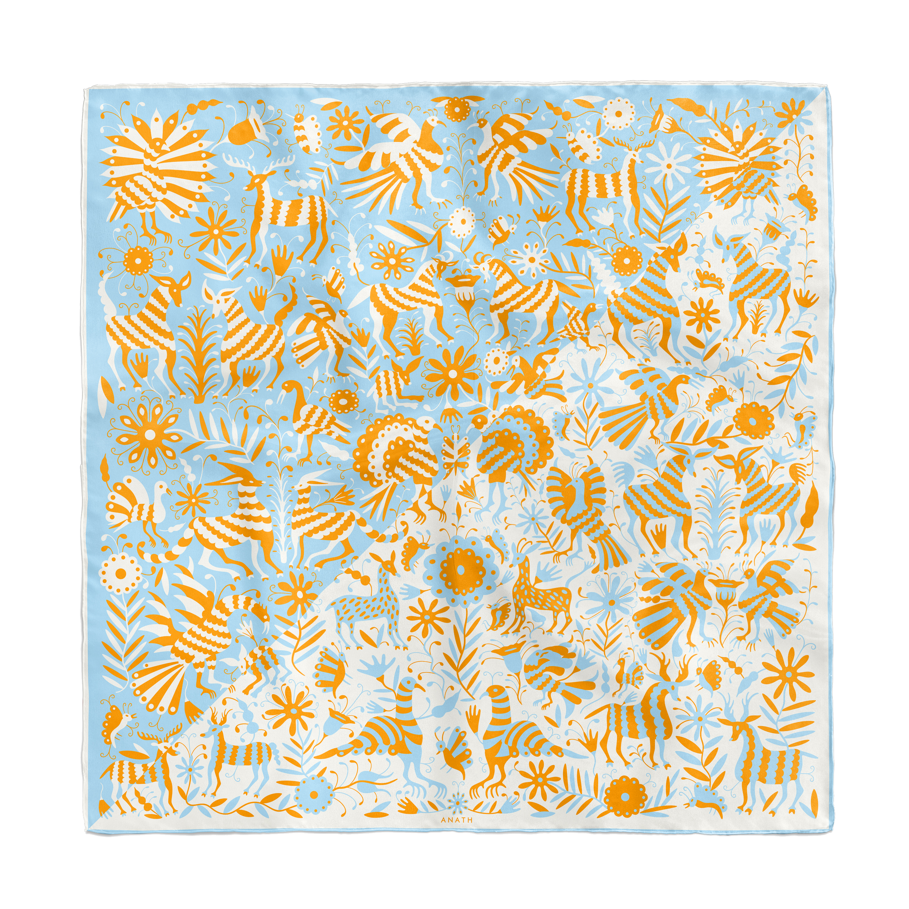 Noé Miroir silk scarf with hand-painted animal and botanical motifs in sky blue, white and gold on 100% silk crêpe de chine.
