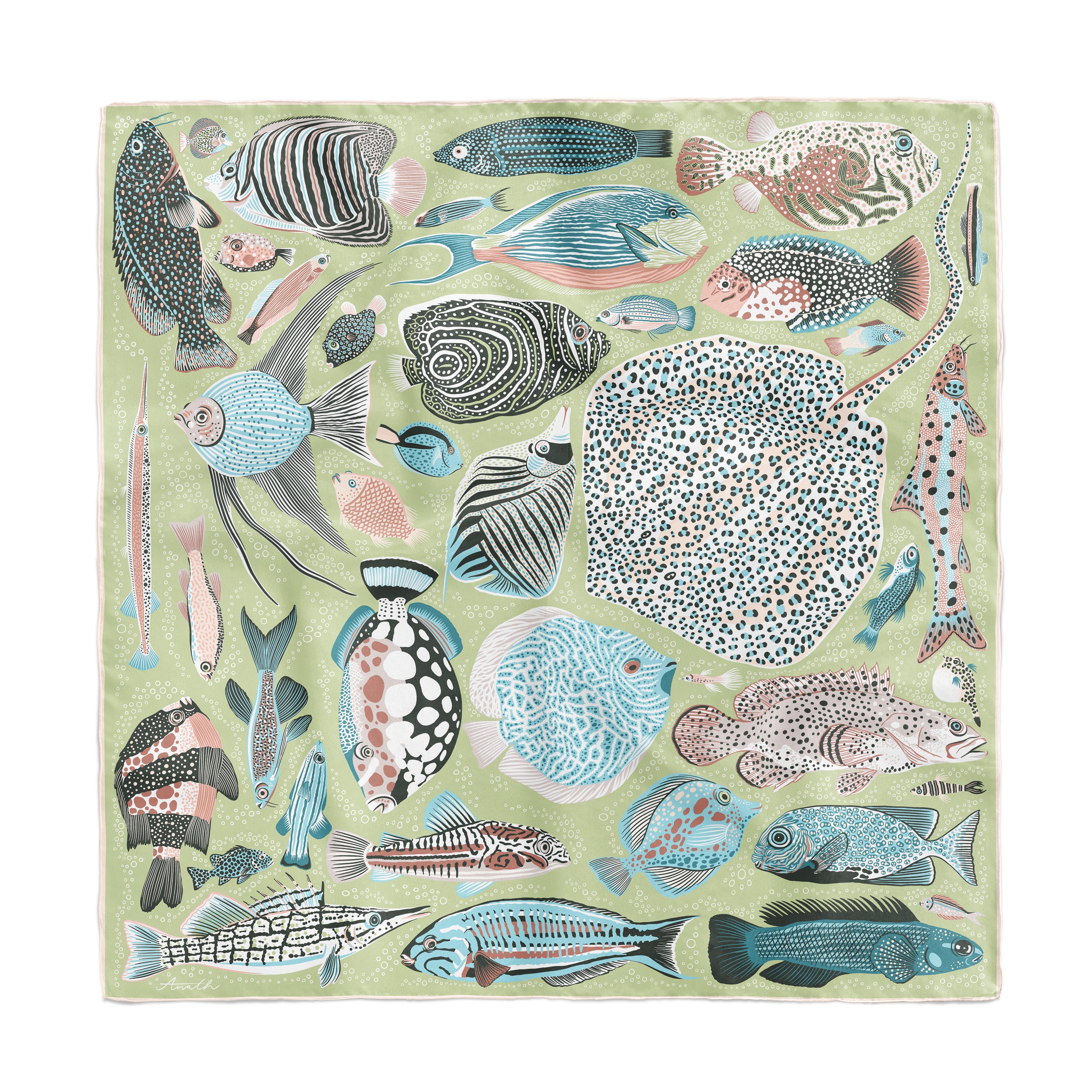 Reverse side of the Pesce Acqua double-sided silk scarf showing hand-painted fish illustrations in soft green on 100% silk twill.