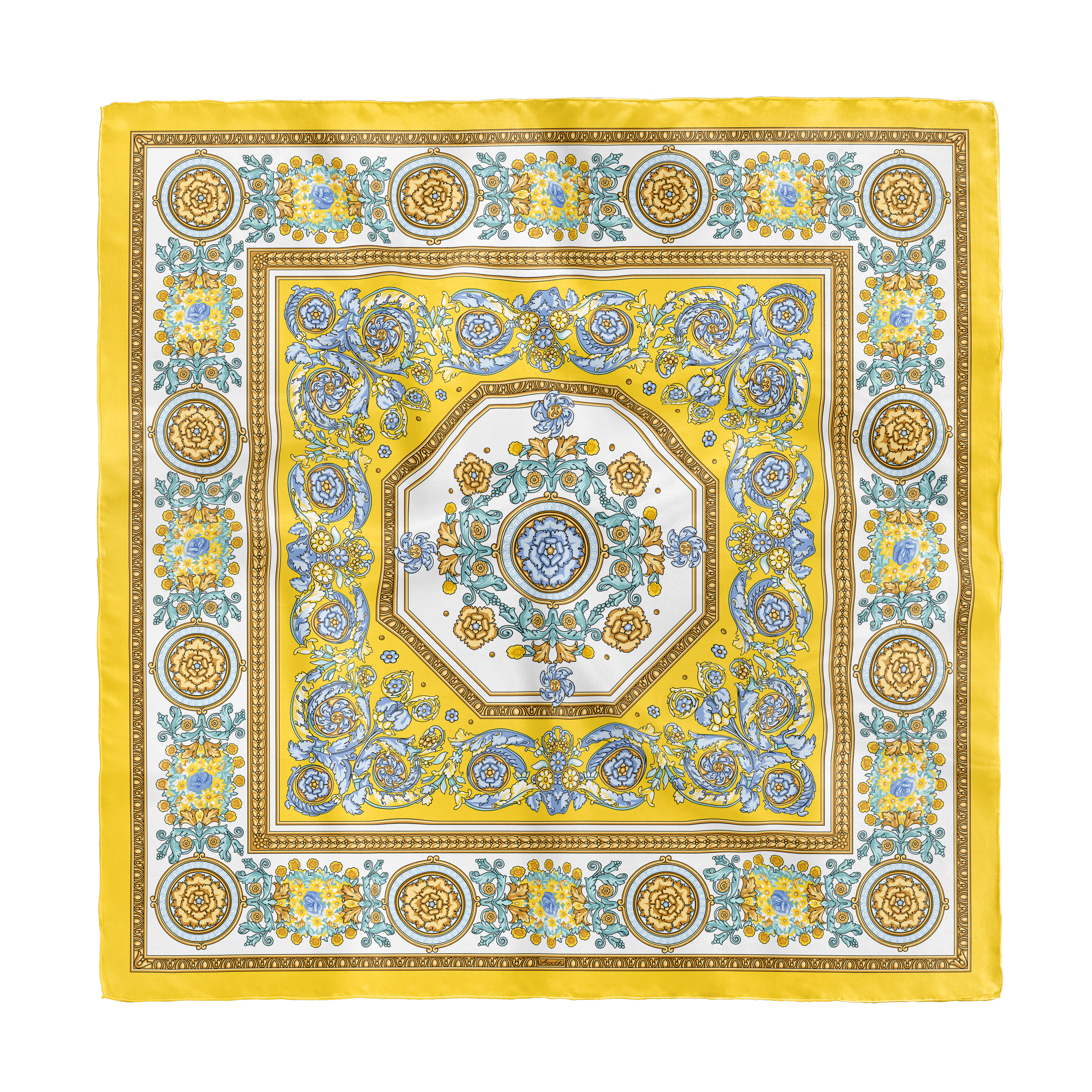 Rococo Limone silk scarf with hand-painted floral and rococo motifs in lemon yellow, powder blue, gold and ivory on 100% silk twill.
