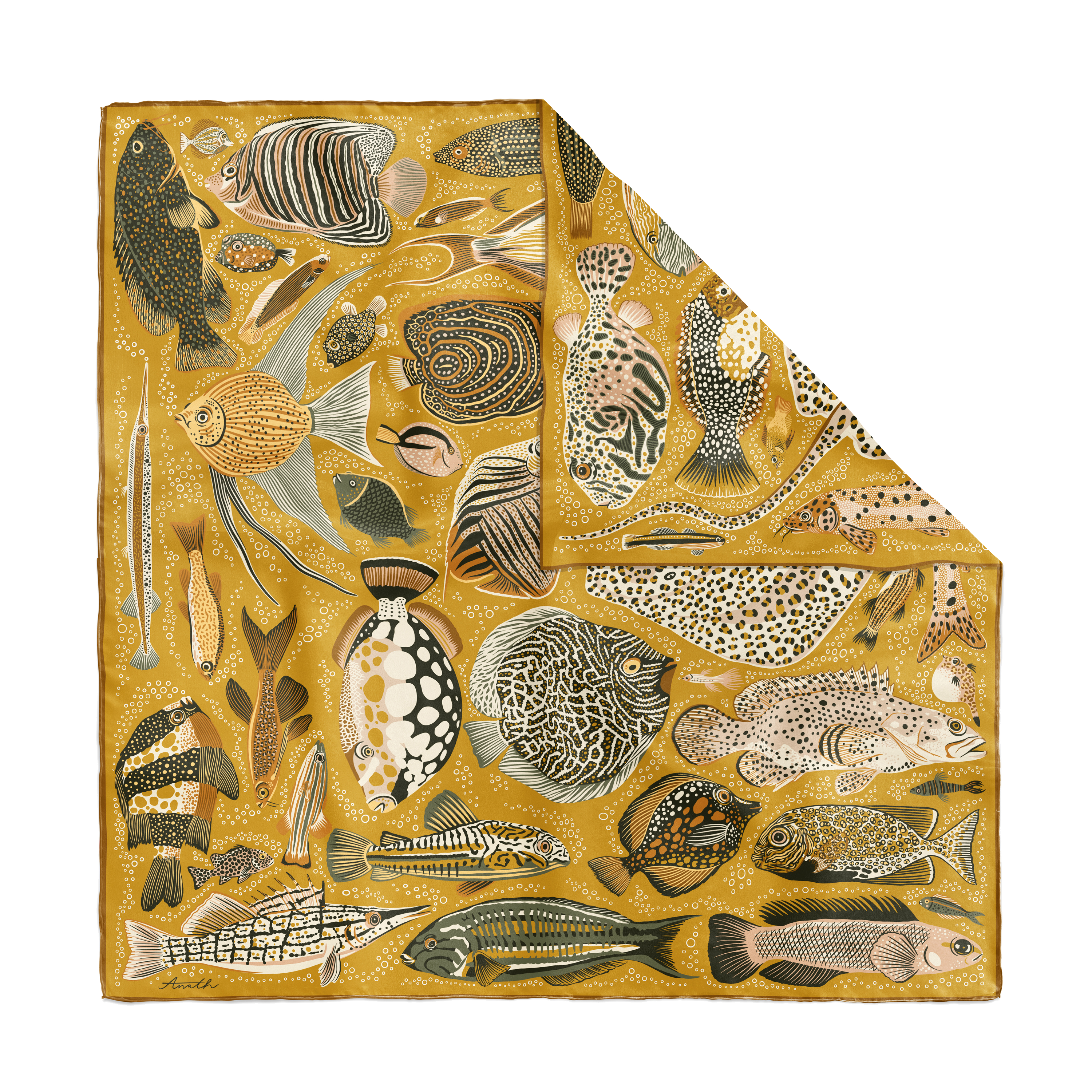 Pesce Miele double-sided silk scarf with hand-painted fish illustrations in golden ochre on 100% silk twill.